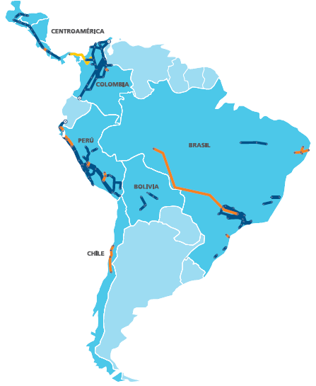 INFRAESTRUCTURA ELÉCTRICA 6 19 compañías en Colombia, Perú, América Central, Bolivia, Brasil y Chile. Más de 41,000 km de circuitos de transmisión en operación.