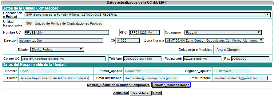Administración de CompraNet-rc Modificaciones en datos de UC y/o Cambio de