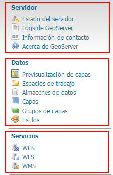 Interfaz de Administración Apartado Descripción Servidor Información relativa al Servidor, estado de la memoria, logs para ver errores y su configuración y enlances a la documentación.