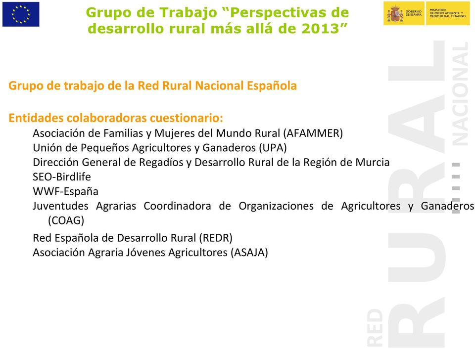 Pequeños Agricultores y Ganaderos(UPA) SEO-Birdlife WWF-España Juventudes Agrarias Coordinadora de