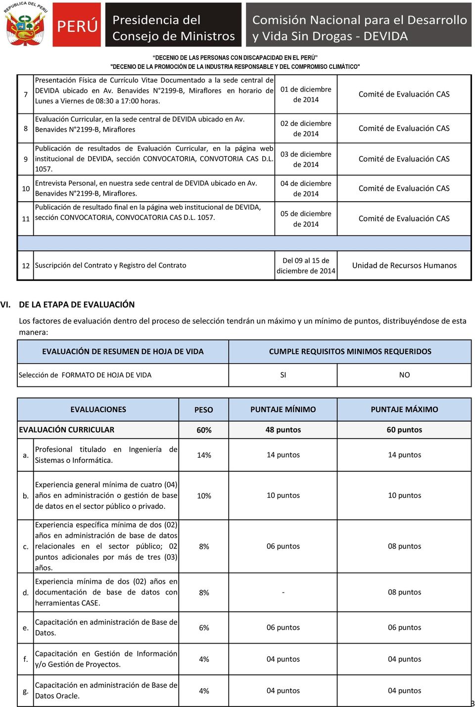 Benavides N 199-B, Miraflores 0 de diciembre 9 Publicación de resultados de Evaluación Curricular, en la página web institucional de DEVIDA, sección CONVOCATORIA, CONVOTORIA CAS D.L. 1057.