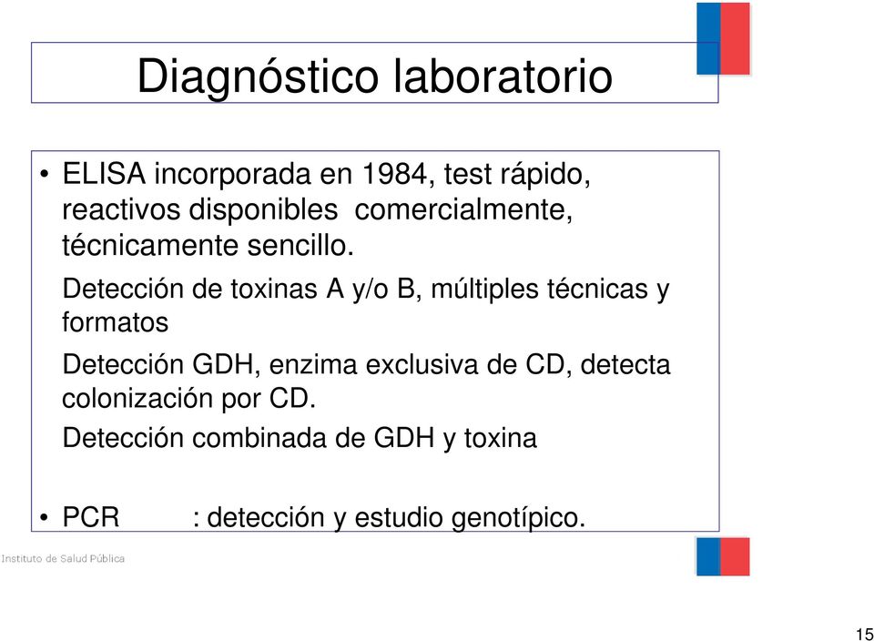 Detección de toxinas A y/o B, múltiples técnicas y formatos Detección GDH, enzima