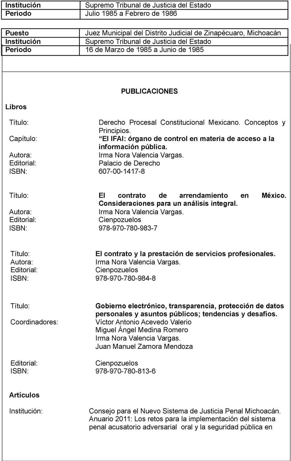 Capítulo: El IFAI: órgano de control en materia de acceso a la información pública. Autora: Editorial: Palacio de Derecho ISBN: 607-00-1417-8 Título: El contrato de arrendamiento en México.