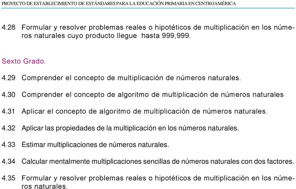 31 Aplicar el concepto de algoritmo de multiplicación de números naturales. 4.32 Aplicar las propiedades de la multiplicación en los números naturales. 4.33 Estimar multiplicaciones de números naturales.