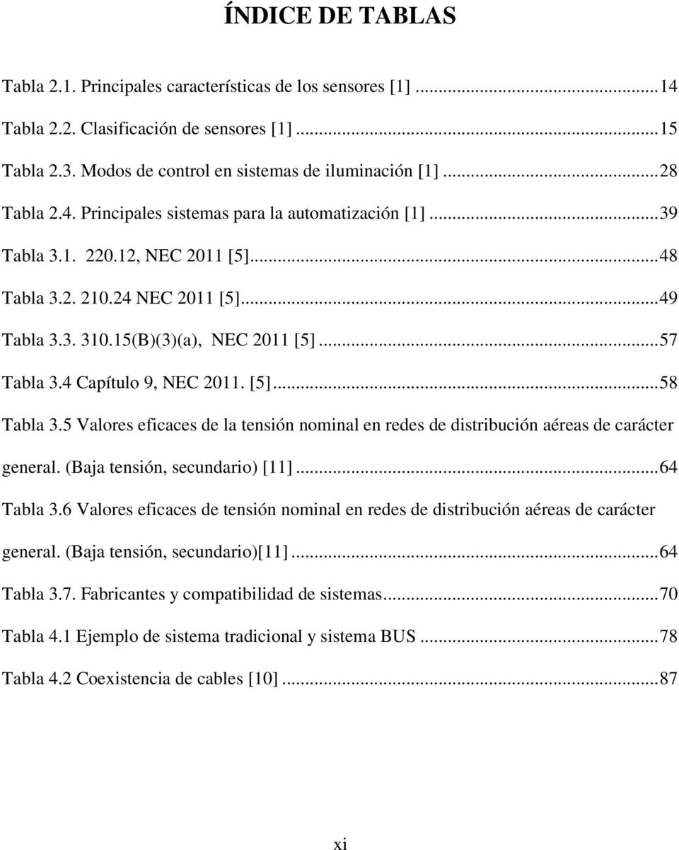 4 Capítulo 9, NEC 2011. [5]... 58 Tabla 3.5 Valores eficaces de la tensión nominal en redes de distribución aéreas de carácter general. (Baja tensión, secundario) [11]... 64 Tabla 3.