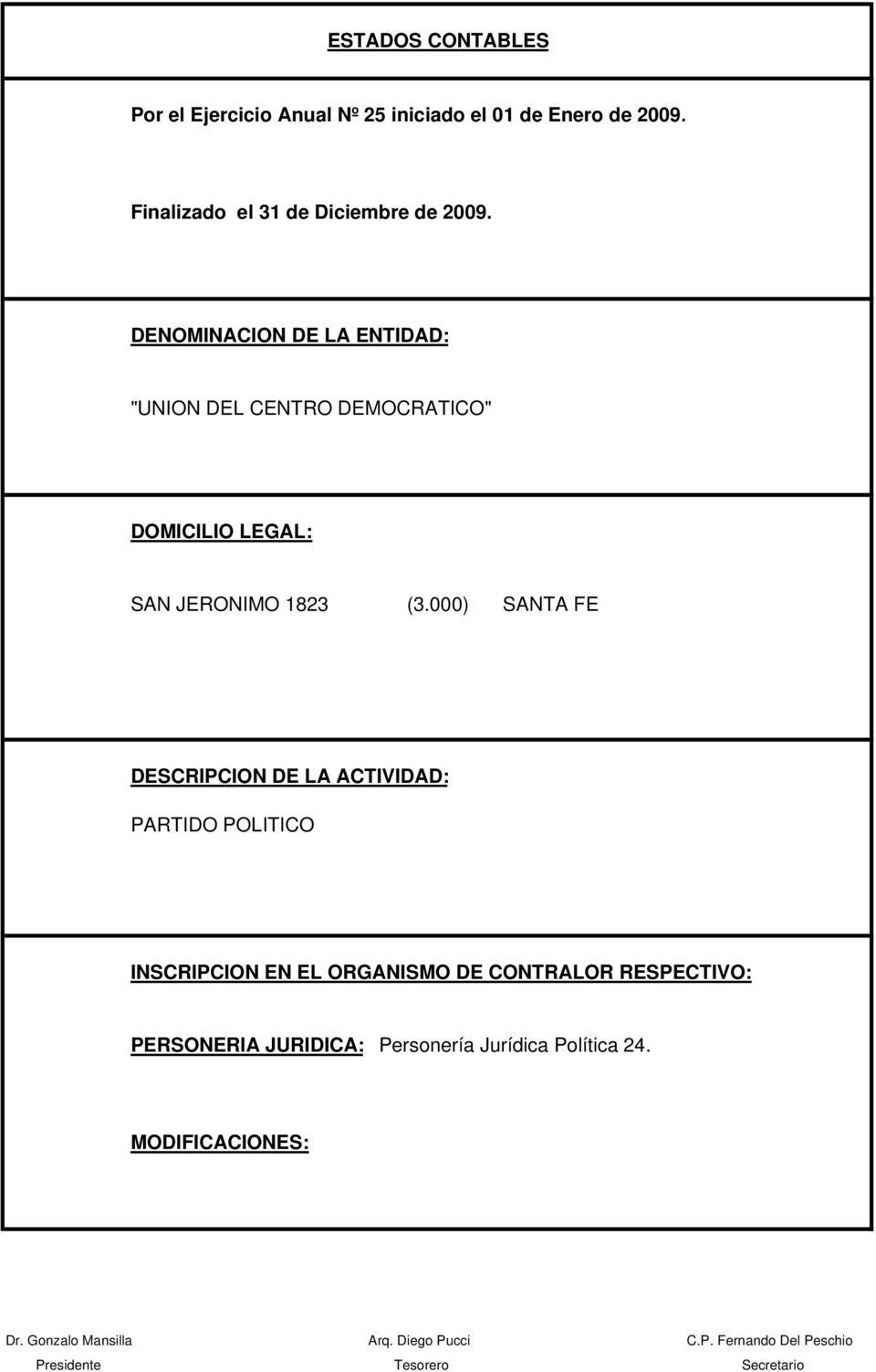 DENOMINACION DE LA ENTIDAD: "UNION DEL CENTRO DEMOCRATICO" DOMICILIO LEGAL: SAN JERONIMO 1823 (3.