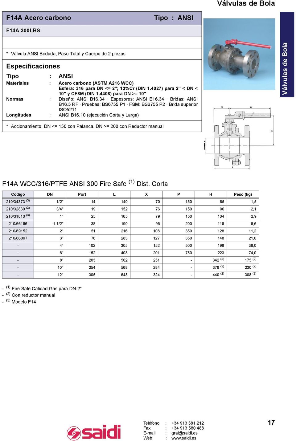 5 RF Pruebas: BS6755 P1 FSM: BS6755 P2 Brida superior ISO5211 Longitudes : ANSI B16.10 (ejecución Corta y Larga) * Accionamiento: DN <= 150 con Palanca.