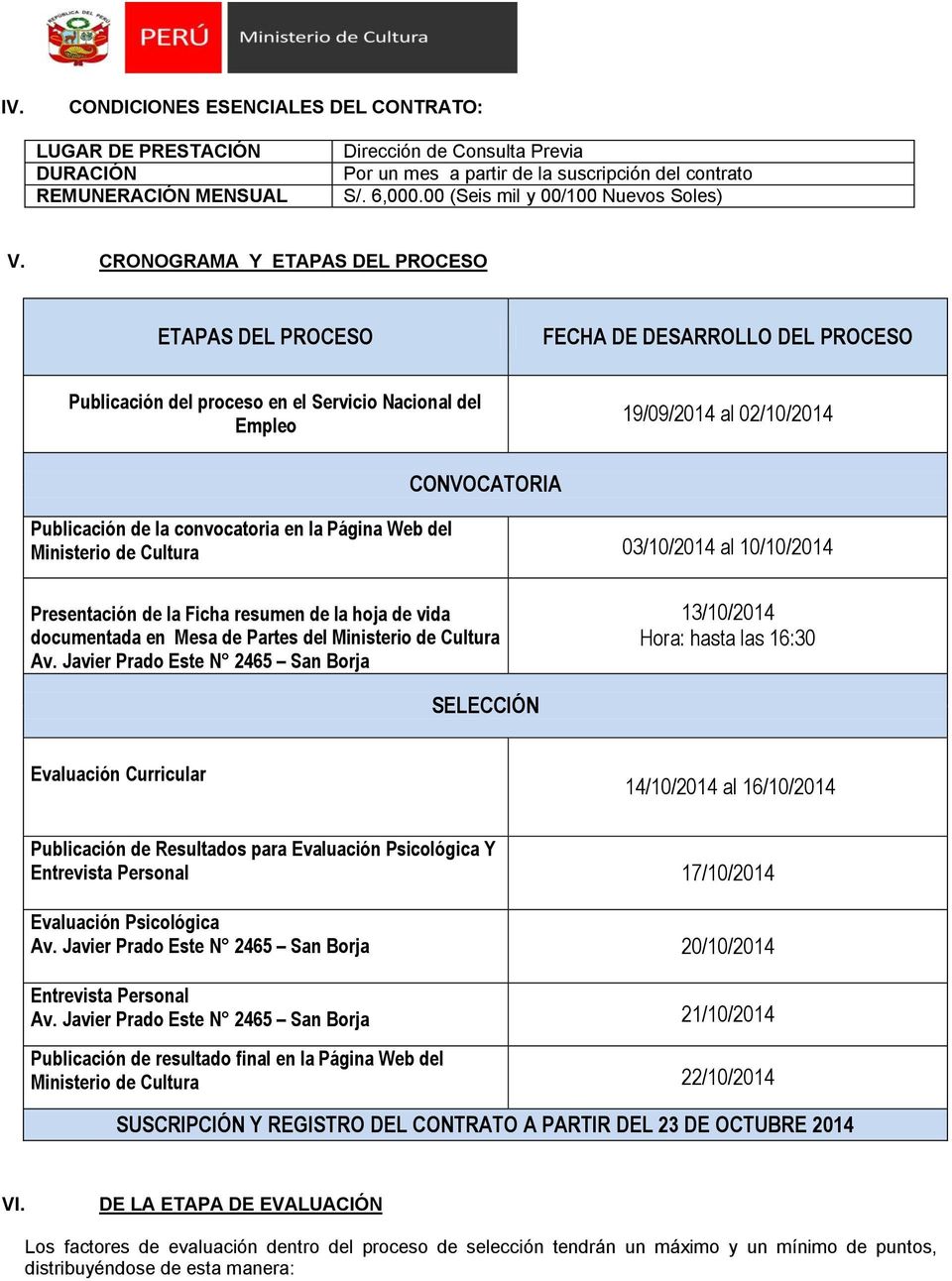 CRONOGRAMA Y ETAPAS DEL PROCESO ETAPAS DEL PROCESO FECHA DE DESARROLLO DEL PROCESO Publicación del proceso en el Servicio Nacional del Empleo 19/09/2014 al 02/10/2014 CONVOCATORIA Publicación de la