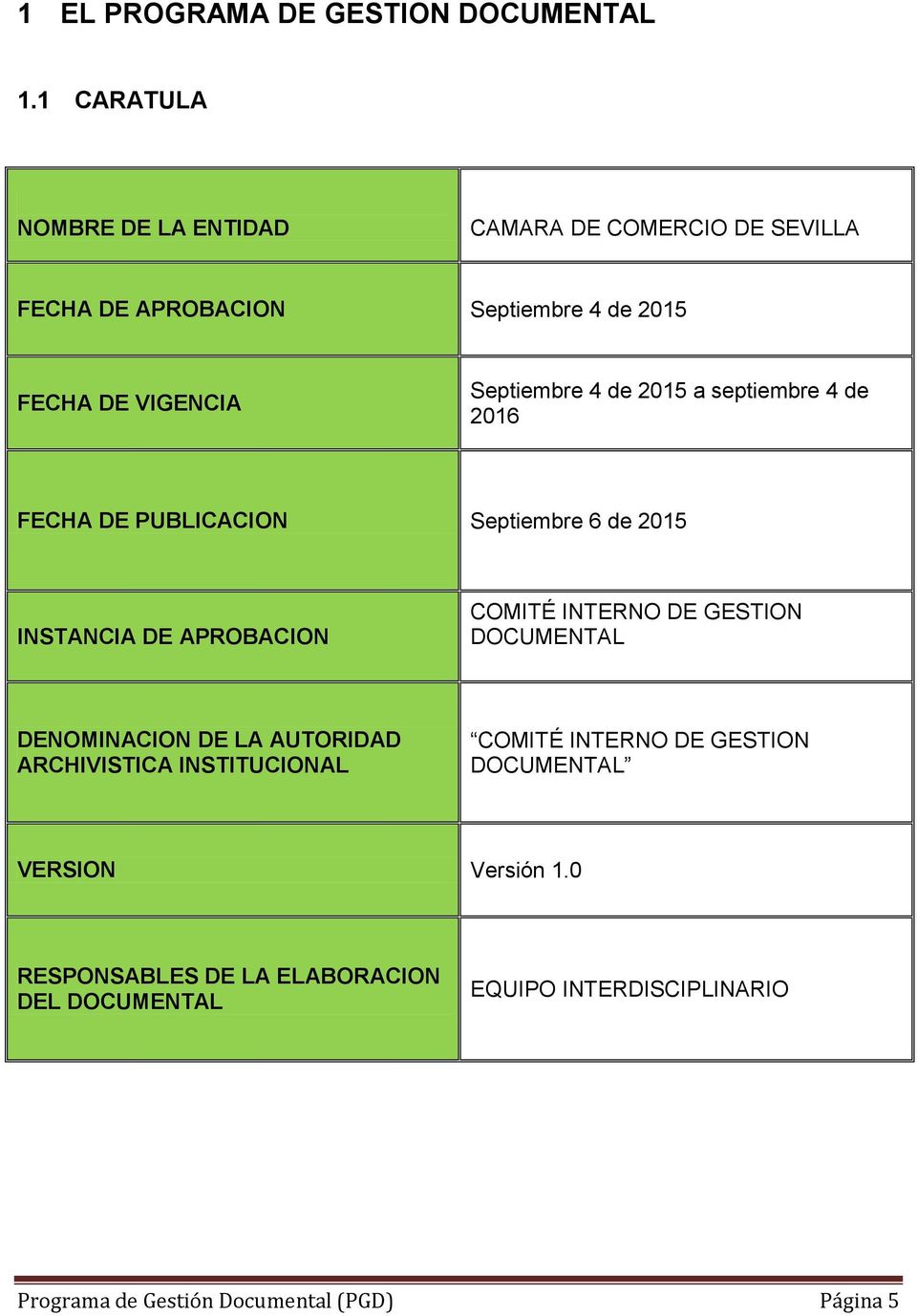 de 2015 a septiembre 4 de 2016 FECHA DE PUBLICACION Septiembre 6 de 2015 INSTANCIA DE APROBACION COMITÉ INTERNO DE GESTION DOCUMENTAL