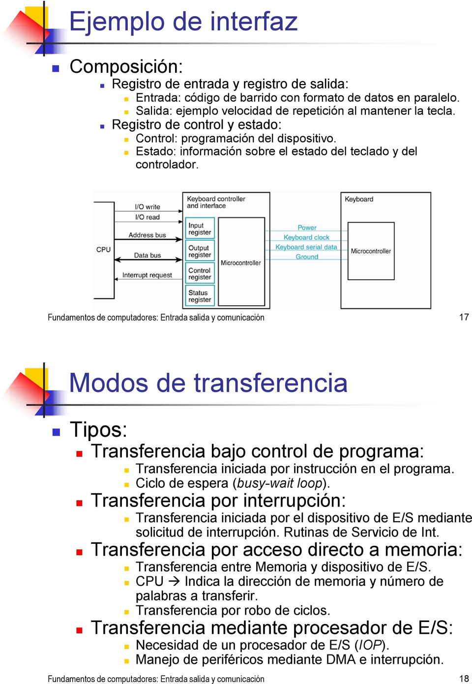 Fundamentos de computadores: Entrada salida y comunicación 17 Modos de transferencia Tipos: Transferencia bajo control de programa: Transferencia iniciada por instrucción en el programa.