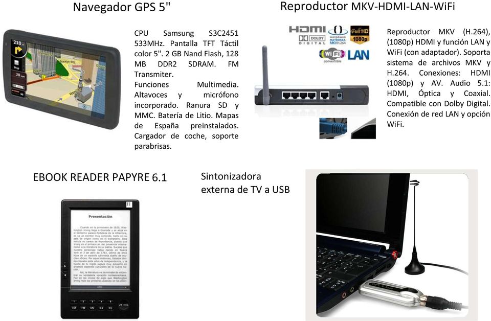 Reproductor MKV-HDMI-LAN-WiFi Reproductor MKV (H.264), (1080p) HDMI y función LAN y WiFi (con adaptador). Soporta sistema de archivos MKV y H.264. Conexiones: HDMI (1080p) y AV.