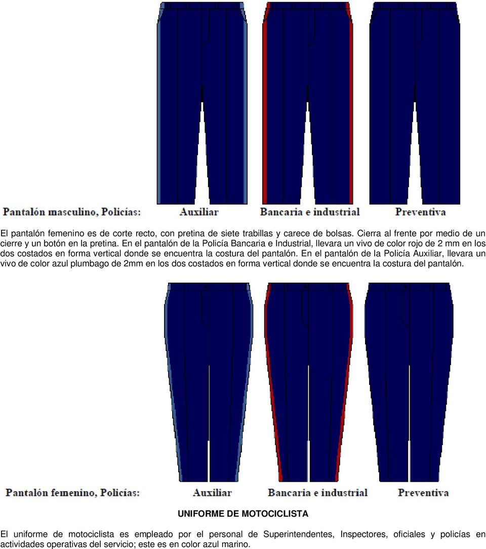 En el pantalón de la Policía Auxiliar, llevara un vivo de color azul plumbago de 2mm en los dos costados en forma vertical donde se encuentra la costura del pantalón.