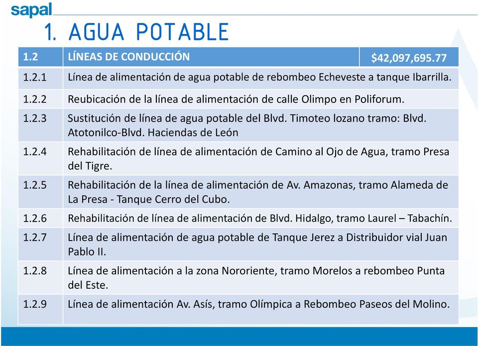 1.2.5 Rehabilitación de la línea de alimentación de Av. Amazonas, tramo Alameda de La Presa - Tanque Cerro del Cubo. 1.2.6 Rehabilitación de línea de alimentación de Blvd.