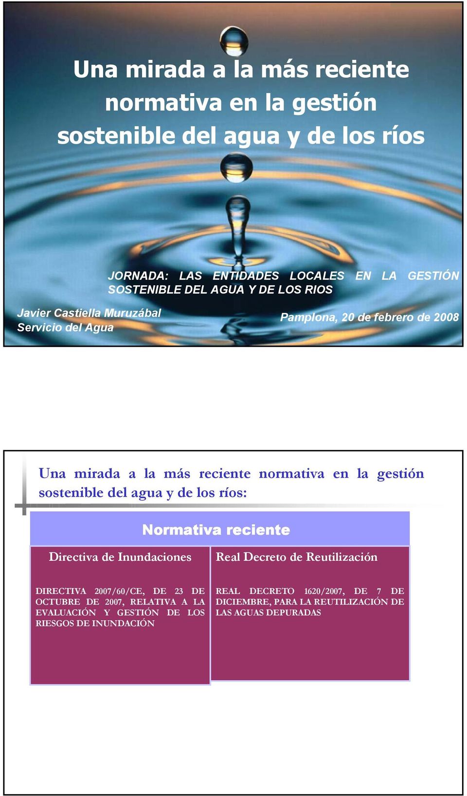 sostenible del agua y de los ríos: Normativa reciente Directiva de Inundaciones Real Decreto de Reutilización DIRECTIVA 2007/60/CE, DE 23 DE OCTUBRE DE