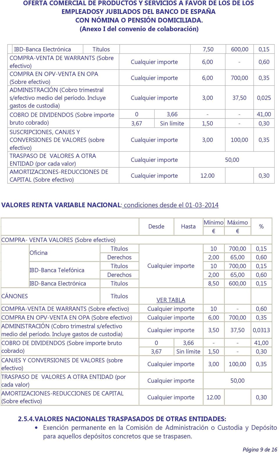 VALORES (sobre efectivo) TRASPASO DE VALORES A OTRA ENTIDAD (por cada valor) AMORTIZACIONES-REDUCCIONES DE CAPITAL (Sobre efectivo) 3,00 100,00 0,35 50,00 12.
