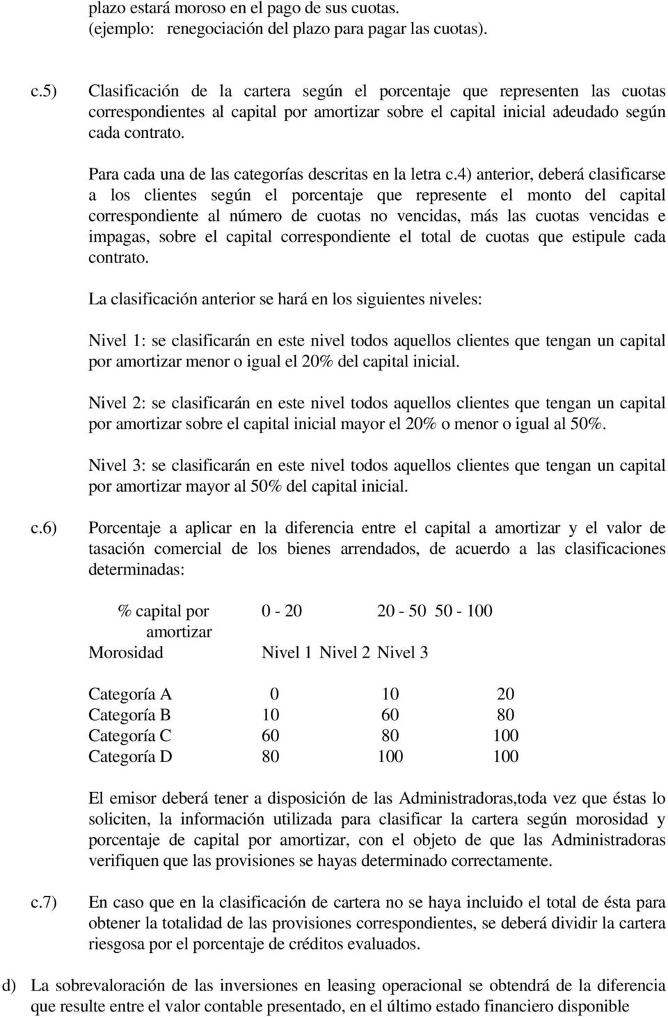 otas). c.5) Clasificación de la cartera según el porcentaje que representen las cuotas correspondientes al capital por amortizar sobre el capital inicial adeudado según cada contrato.