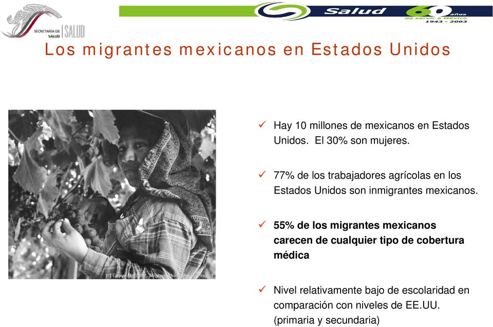 77% de los trabajadores agrícolas en los Estados Unidos son inmigrantes mexicanos.