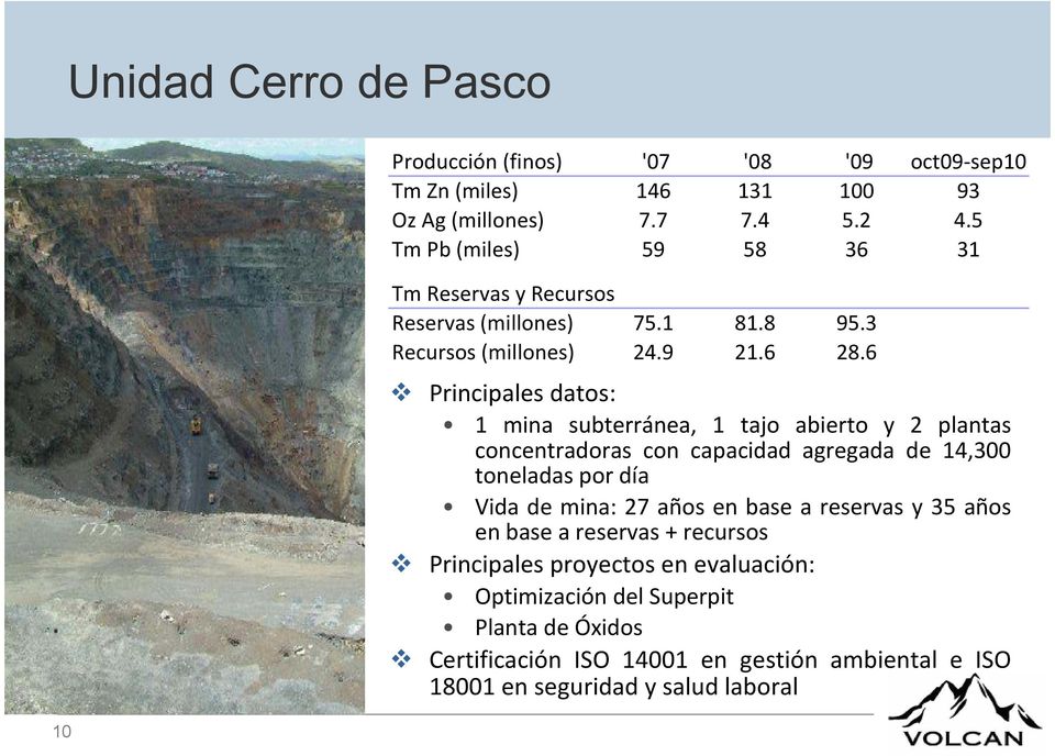 6 Principales datos: 1 mina subterránea, 1 tajo abierto y 2 plantas concentradoras con capacidad agregada de 14,300 toneladas por día Vida de mina: 27 años