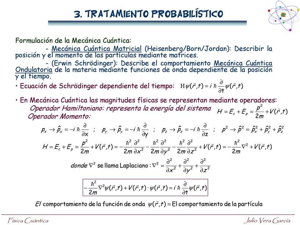 Julio Vea Gacía Física Cuánica Ecuación de Scödinge deendiene del ieo: i ψ ψ Η i V ψ ψ ψ V E E H c En Mecánica Cuánica las agniudes físicas se eesenan ediane