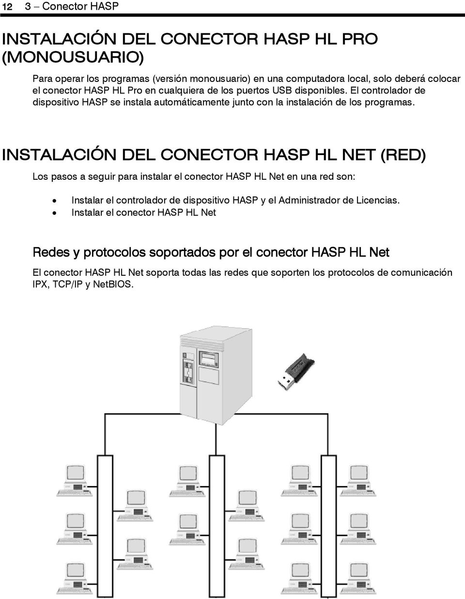 INSTALACIÓN DEL CONECTOR HASP HL NET (RED) Los pasos a seguir para instalar el conector HASP HL Net en una red son: Instalar el controlador de dispositivo HASP y el Administrador de