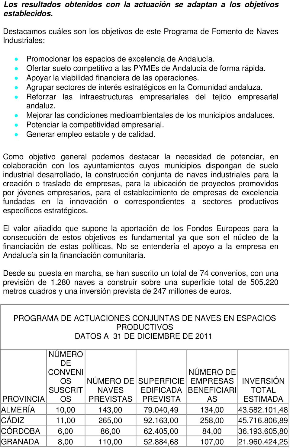 Ofertar suelo competitivo a las PYMEs de Andalucía de forma rápida. Apoyar la viabilidad financiera de las operaciones. Agrupar sectores de interés estratégicos en la Comunidad andaluza.