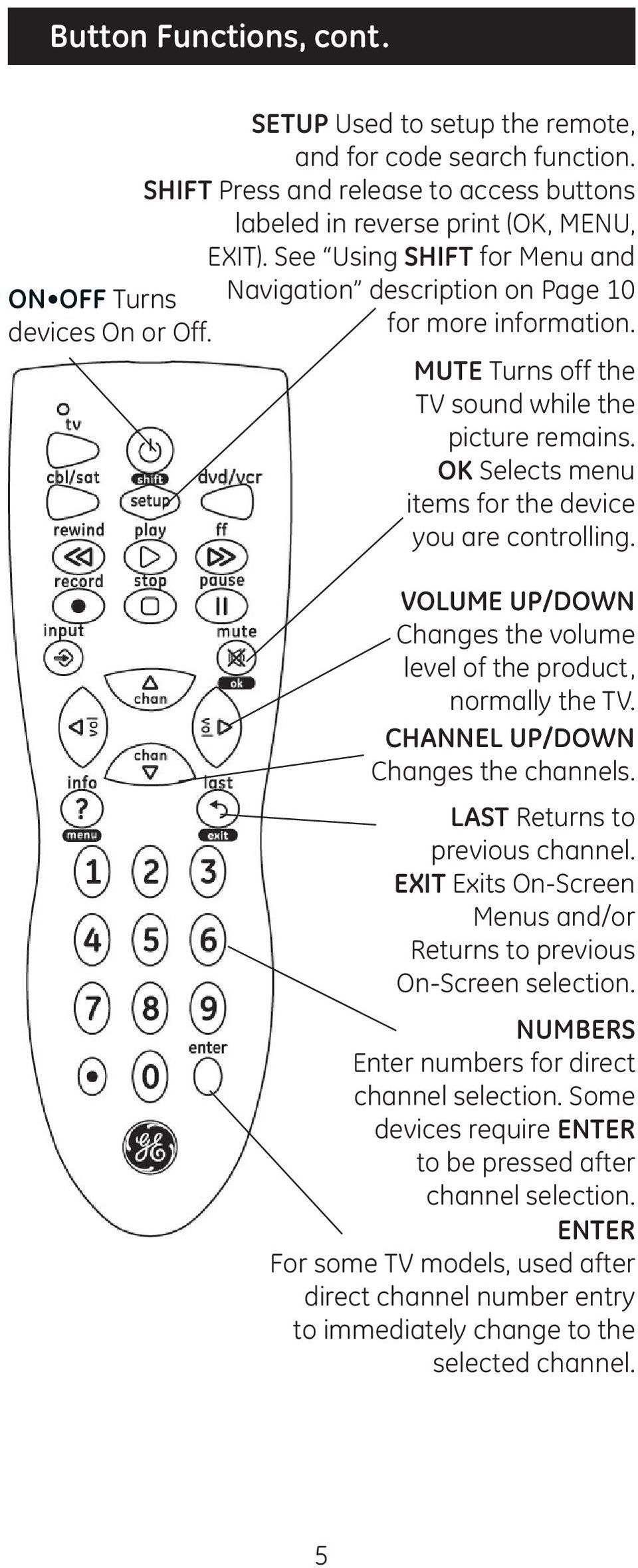 MUTE Turns off the TV sound while the picture remains. OK Selects menu items for the device you are controlling. VOLUME UP/DOWN Changes the volume level of the product, normally the TV.