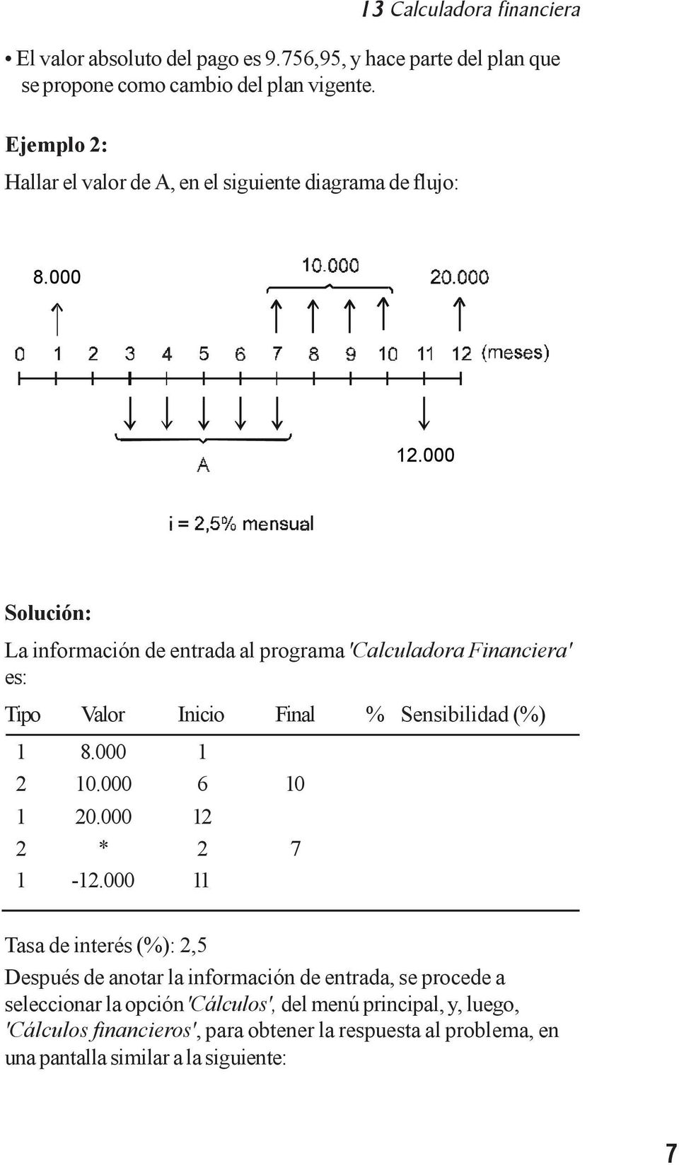 000 Solución: La información de entrada al programa 'Calculadora Financiera' es: Tipo Valor Inicio Final % Sensibilidad (%) 1 8.000 1 2 10.000 6 10 1 20.