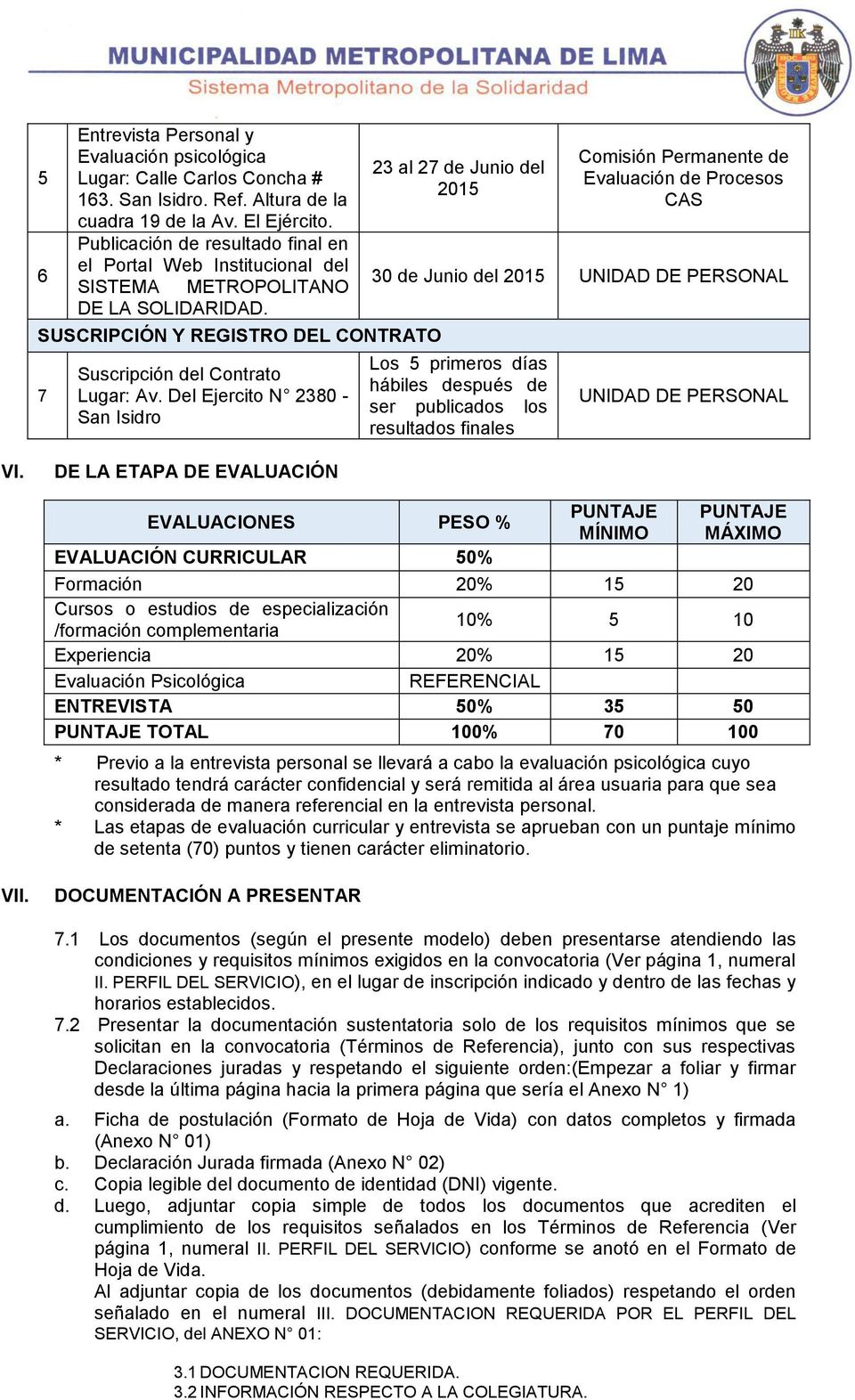 Del Ejercito N 2380 - San Isidro 23 al 27 de Junio del 2015 Comisión Permanente de Evaluación de Procesos CAS 30 de Junio del 2015 UNIDAD DE PERSONAL Los 5 primeros días hábiles después de ser