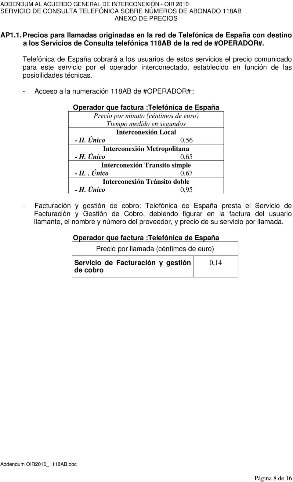 - Acceso a la numeración 118AB de #OPERADOR#:: Operador que factura :Telefónica de España Precio por minuto (céntimos de euro) Tiempo medido en segundos Interconexión Local - H.