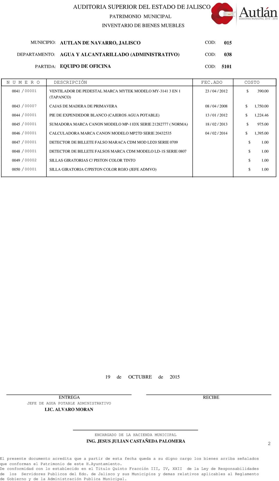 46 0045 /00001 SUMADORA MARCA CANON MODELO MP-11DX SERIE 21282777 ( NORMA) 18 / 02 / 2013 $ 975.