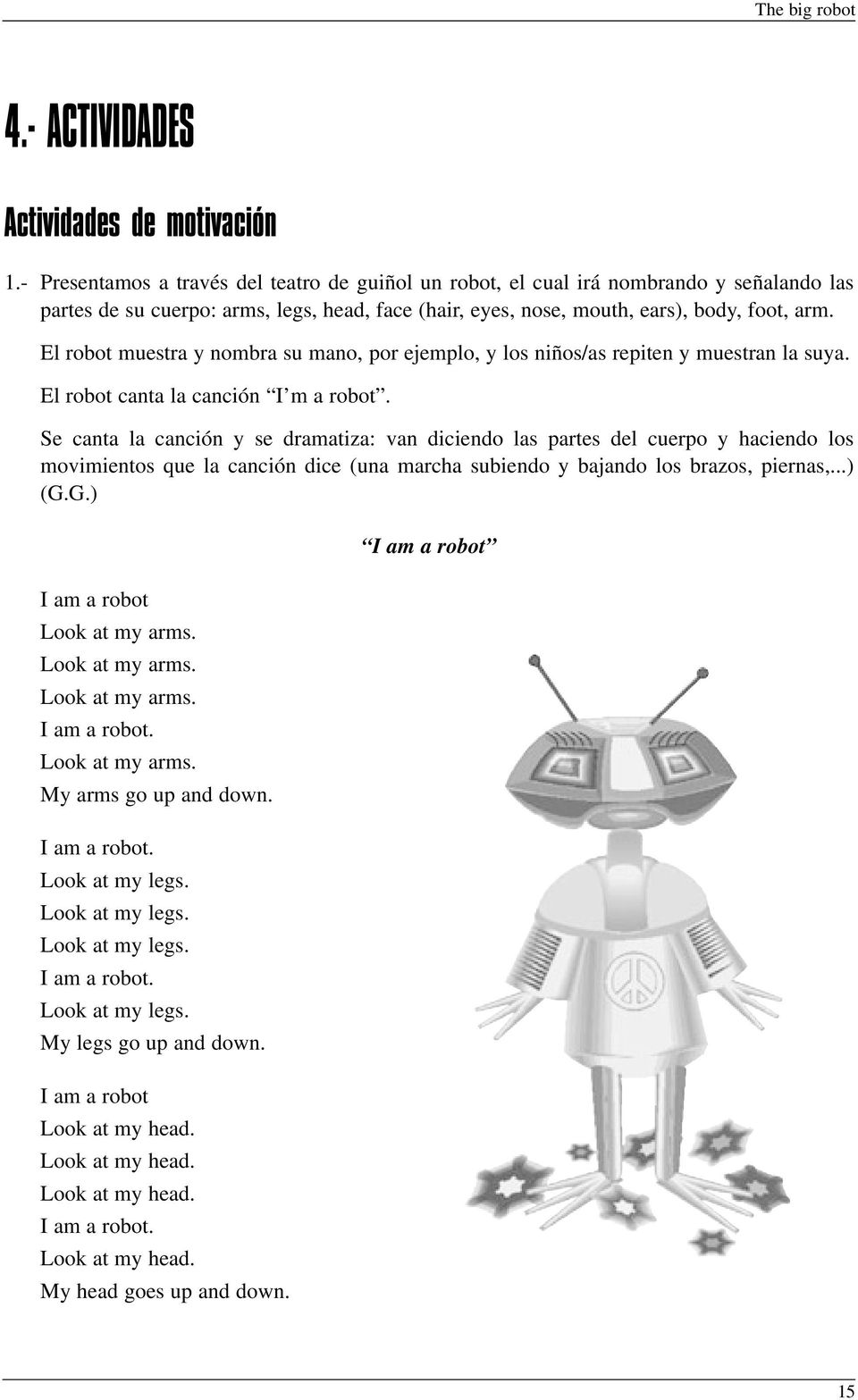 El robot muestra y nombra su mano, por ejemplo, y los niños/as repiten y muestran la suya. El robot canta la canción I m a robot.