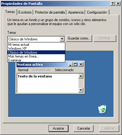 En la pestaña Temas, selecciona Clásico de Windows. En la pestaña Escritorio, selecciona Windows XP. Imprime la pantalla.
