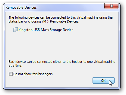 Usted puede incluso utilizar dispositivos extraíbles, como discos flash, en modo XP en VMware Player.