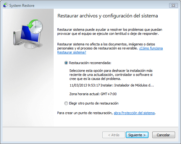 Haga clic en Siguiente. Paso 13 Aparece la ventana Confirmar punto de restauración. NOTA: cuando haga clic en Finalizar, Windows reiniciará la PC.
