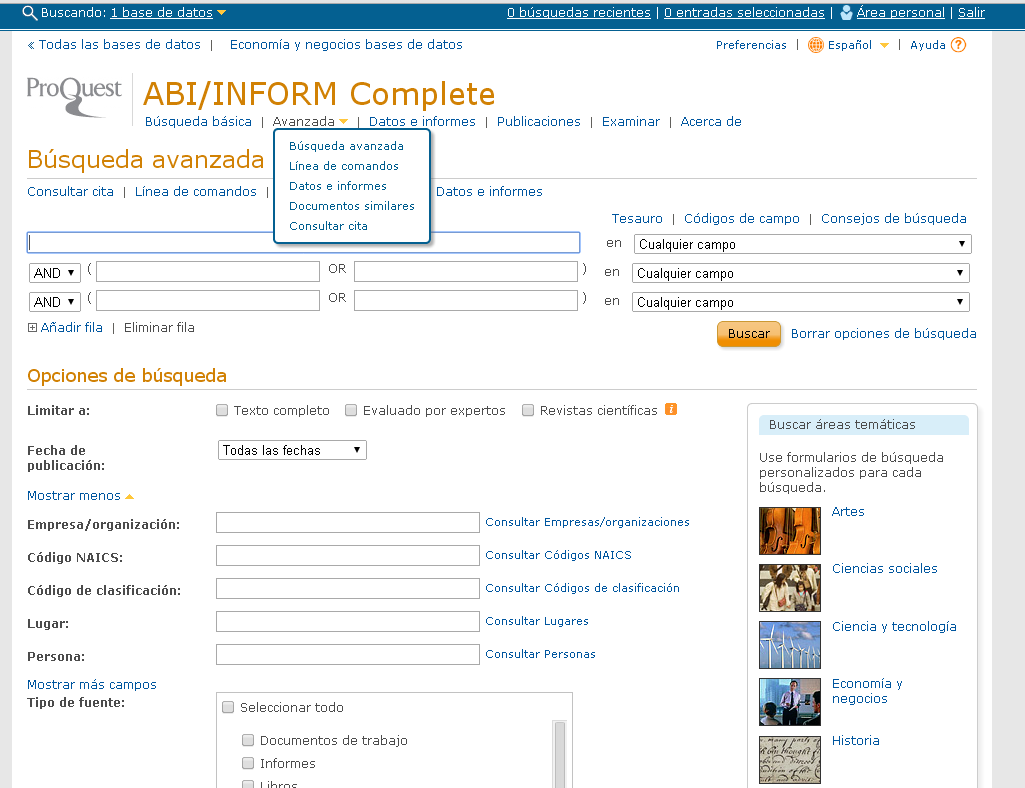 ABI / INFORM Complete y otras bases de datos de PROQUEST Diferentes formas de búsqueda y opciones de navegación por contenidos en función de su contenido o por tipo de documento Nos permite conocer