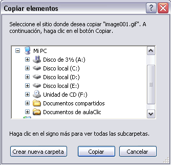 Sistema Operativo Windows XP bertus.es Pág. 20 de 55 Seleccionamos el elemento a copiar. Pulsamos el botón Copiar a que abrirá una nueva ventana titulada Copiar elementos.