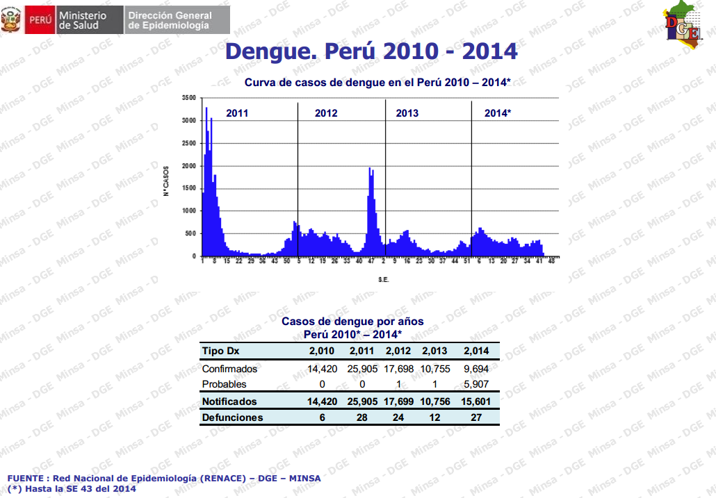 SITUACION EN EL PERÚ DENGUE La transmisión del Dengue, se inició con el primer brote en 1990 en los departamentos de Loreto, San Martín y Ucayali.