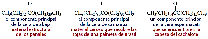 Las ceras son ésteres formados por ácidos carboxílicos de cadena larga y de alcoholes de cadena larga.
