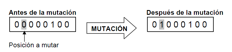 Capítulo 2: Algoritmos Genéticos Ilustración 8: Ejemplo de mutación Con otro tipo de codificaciones (por ejemplo codificación real) existen otras opciones de mutación, aplicadas con una probabilidad
