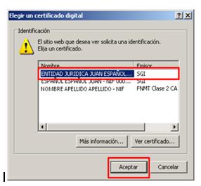 A continuación se abre una nueva ventana en la que el usuario deberá seleccionar un certificado Digital