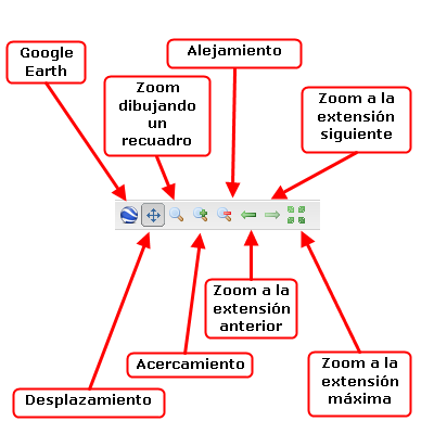 4. Barras de herramientas 4.1 Barra de herramientas del Panel de mapas Google Earth Abre el mapa en Google Earth (si está instalado). Desplazamiento Desplaza el mapa cliqueando y arrastrando.
