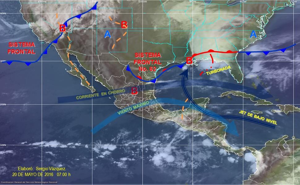 La imagen de satélite, interpretada por el Servicio Meteorológico Nacional muestra los sistemas presentes en la República Mexicana (Fig. 1).