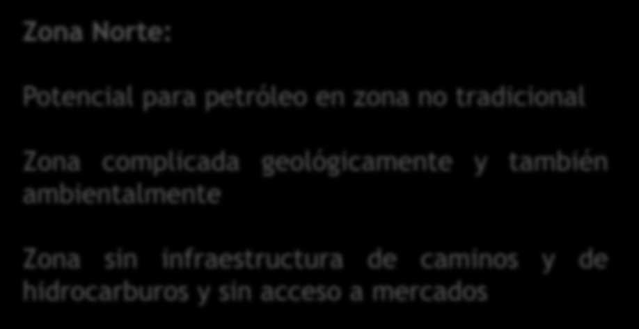 Potencial hidrocarburífero y gasífero en Bolivia Zona Norte: Potencial para petróleo en zona no tradicional Zona complicada geológicamente y también