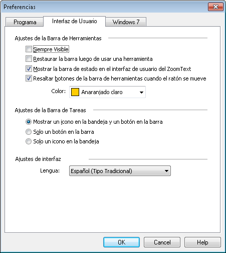 Capítulo 6 Preferencias 263 Preferencias de la Interfaz de Usuario Estos ajustes controlan cómo aparece la interfaz de usuario de ZoomText en el escritorio.