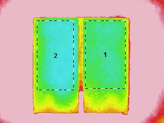 Imagen en superior izquierda, muestra termograma de la pieza durante la fase de enfriamiento, se señaliza con recuadros negros las zonas que se analizaron para realizar los histogramas, se puede ver