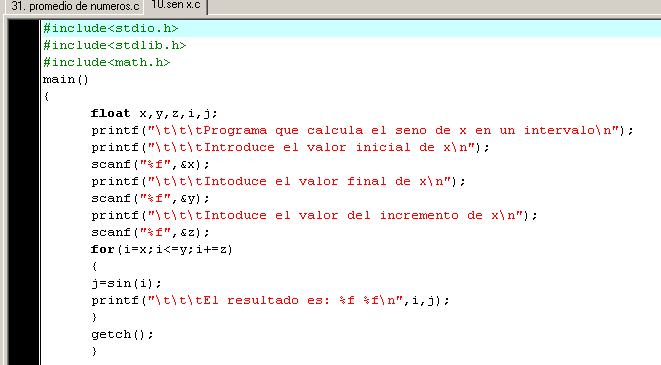 Problema 10: Escribir un programa que calcule y muestre los valores que se obtienen al realizar sen(x) en un