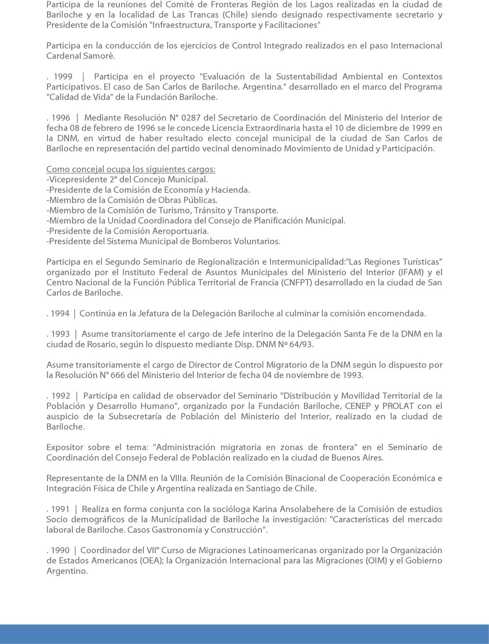 . 1999 Participa en el proyecto "Evaluación de la Sustentabilidad Ambiental en Contextos Participativos. El caso de San Carlos de Bariloche. Argentina.