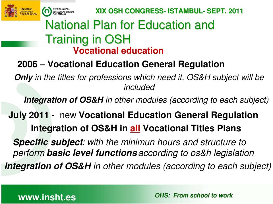 new Vocational Education General Regulation Integration of OS&H in all Vocational Titles Plans Specific subject: with the minimun hours