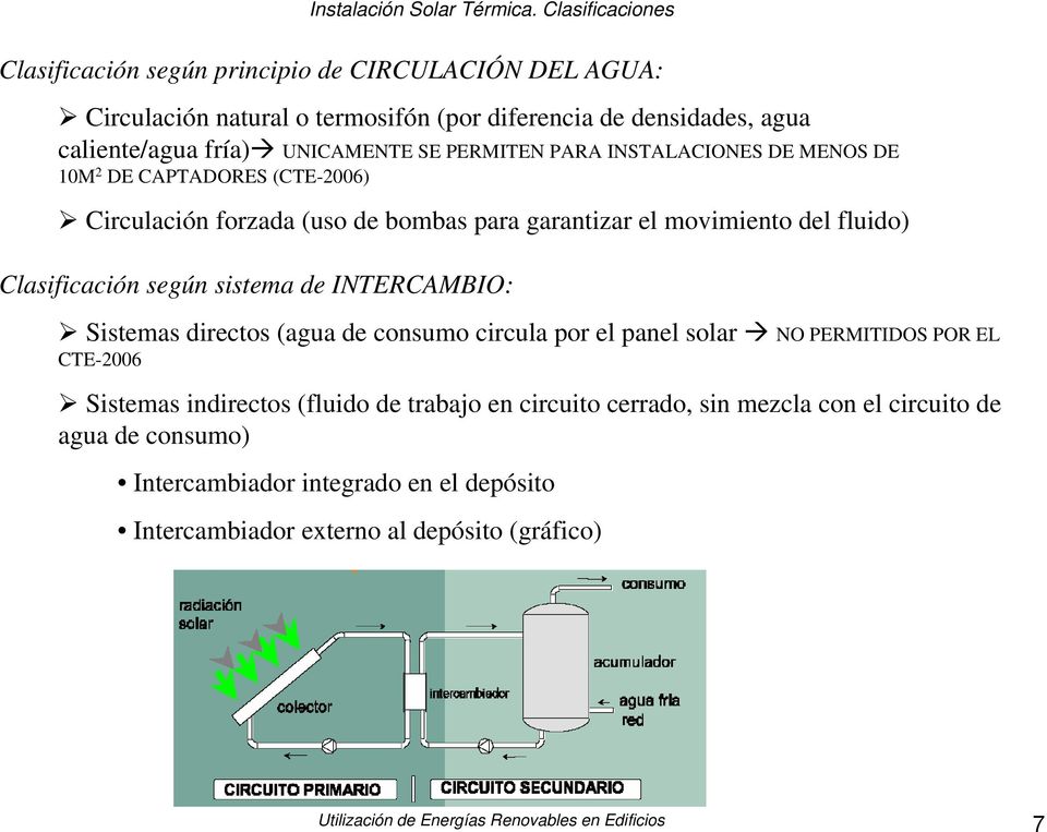 PERMITEN PARA INSTALACIONES DE MENOS DE 10M 2 DE CAPTADORES (CTE-2006) Circulación forzada (uso de bombas para garantizar el movimiento del fluido) Clasificación según sistema de