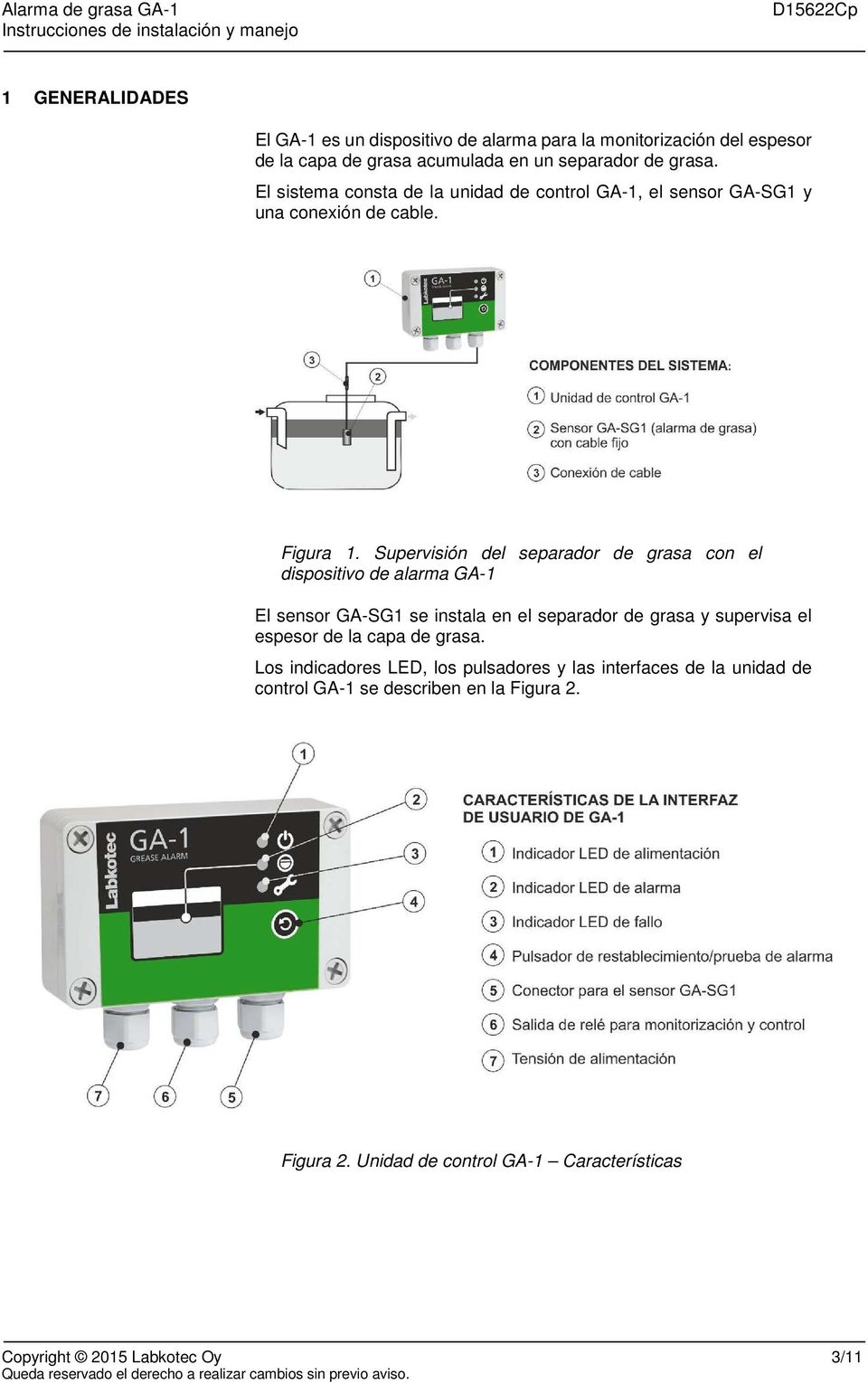 Supervisión del separador de grasa con el dispositivo de alarma GA-1 El sensor GA-SG1 se instala en el separador de grasa y supervisa el espesor de